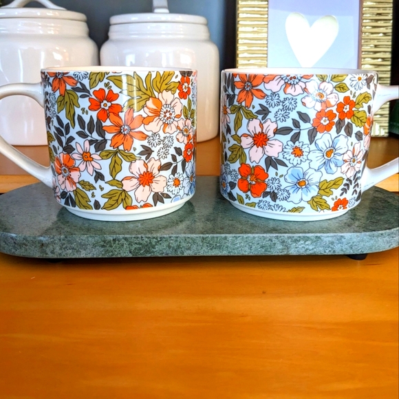 Coco+Lola Floral 2 Mugs Blue Orange Pink Flowers Spring Coffee Tea Ceramic - Picture 2 of 5